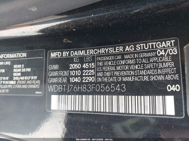 45869128 :رقم المزاد ، WDBTJ76H83F056543 vin ، 2003 Mercedes-benz Clk 55 Amg مزاد بيع