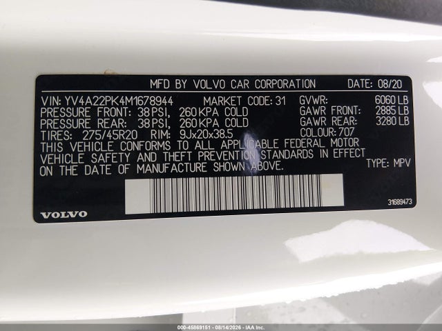 Продаж на аукціоні авто 2021 Volvo Xc90 T6 Momentum 7 Passenger, vin: YV4A22PK4M1678944, номер лоту: 45869151