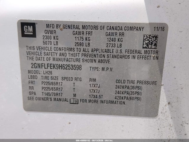 Продаж на аукціоні авто 2017 Chevrolet Equinox Lt, vin: 2GNFLFEK9H6253598, номер лоту: 45869152