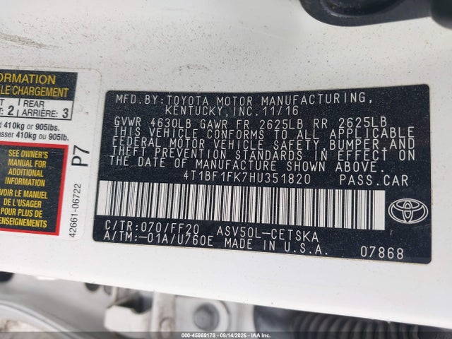 2017 Toyota Camry Se მანქანა იყიდება აუქციონზე, vin: 4T1BF1FK7HU351820, აუქციონის ნომერი: 45869178