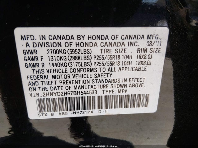 Продаж на аукціоні авто 2011 Acura Mdx Technology Package, vin: 2HNYD2H67BH544533, номер лоту: 45869181