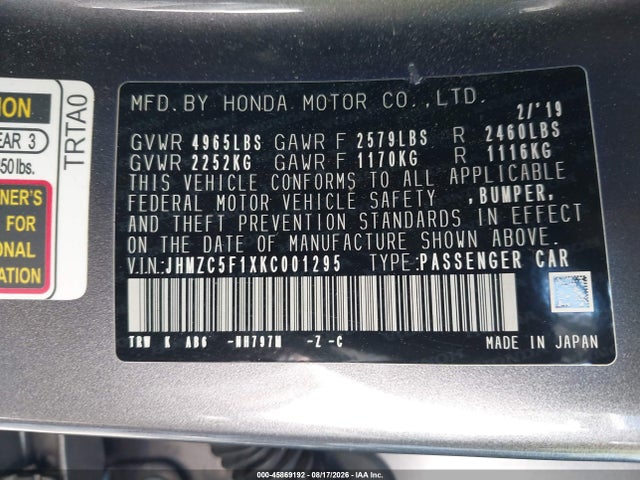 45869192 :رقم المزاد ، JHMZC5F1XKC001295 vin ، 2019 Honda Clarity Plug-in Hybrid مزاد بيع