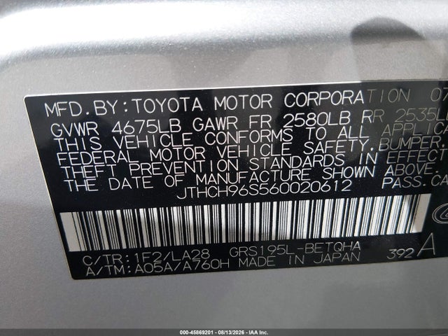45869201 :رقم المزاد ، JTHCH96S560020612 vin ، 2006 Lexus Gs 300 مزاد بيع
