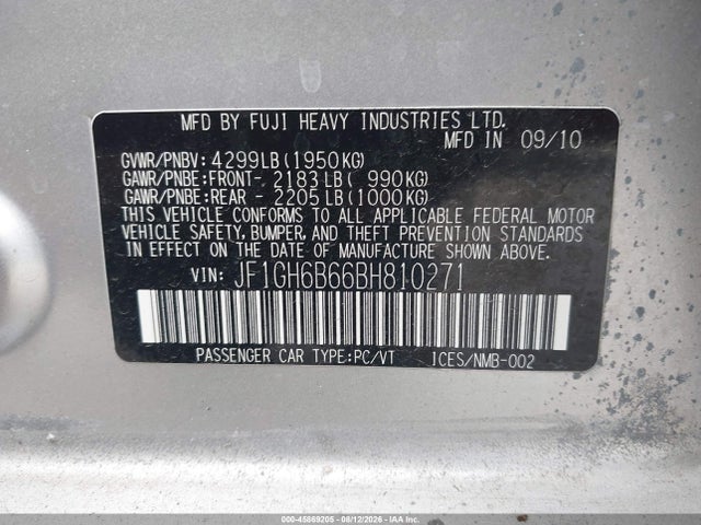 45869205 :رقم المزاد ، JF1GH6B66BH810271 vin ، 2011 Subaru Impreza 2.5i Premium مزاد بيع