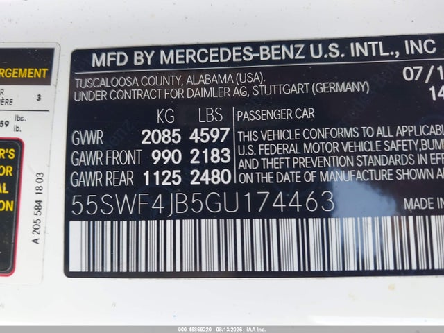 Aukcja sprzedaży 2016 Mercedes-benz C 300, vin: 55SWF4JB5GU174463, numer aukcji: 45869220