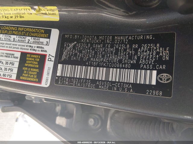 Aukcja sprzedaży 2012 Toyota Camry Se, vin: 4T1BF1FK7CU066480, numer aukcji: 45869230