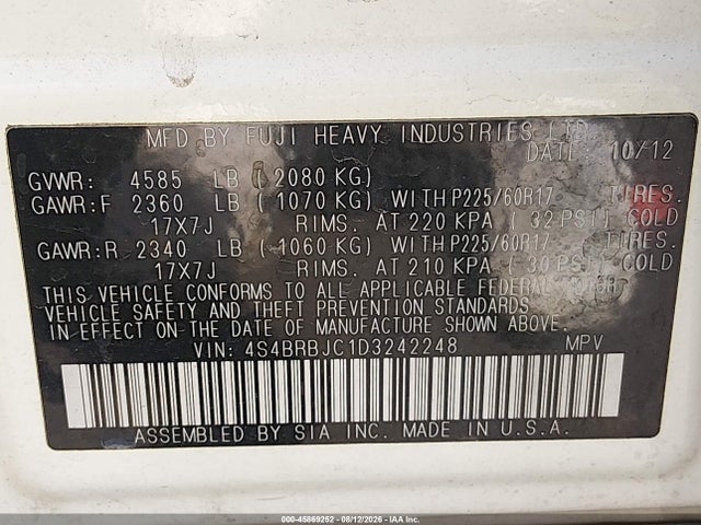 Продаж на аукціоні авто 2013 Subaru Outback 2.5i Limited, vin: 4S4BRBJC1D3242248, номер лоту: 45869252