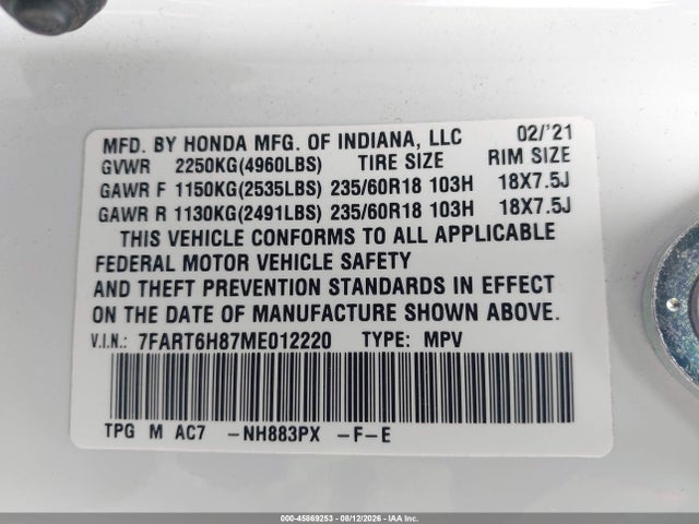 45869253 :رقم المزاد ، 7FART6H87ME012220 vin ، 2021 Honda Cr-v Hybrid Ex-l مزاد بيع