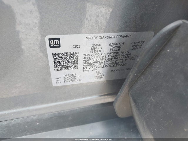 45869283 :رقم المزاد ، KL77LGE2XRC022220 vin ، 2024 Chevrolet Trax Fwd 1rs مزاد بيع