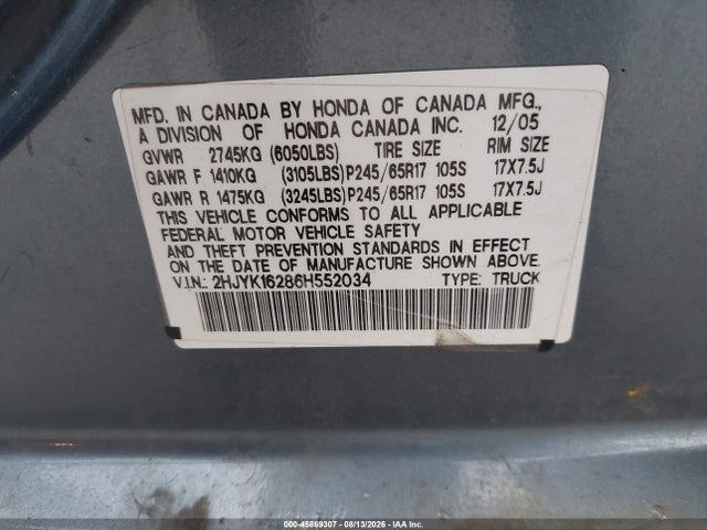 45869307 :رقم المزاد ، 2HJYK16286H552034 vin ، 2006 Honda Ridgeline Rt مزاد بيع