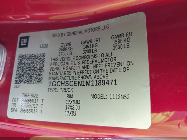 Продаж на аукціоні авто 2021 Chevrolet Colorado 2wd  Long Box Lt, vin: 1GCHSCEN1M1189471, номер лоту: 45869322
