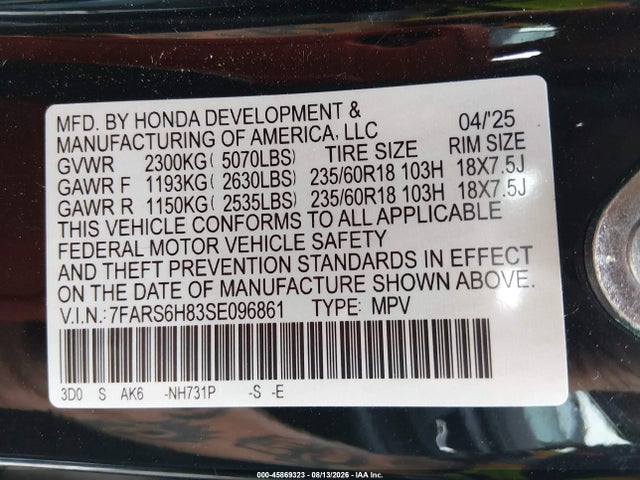 Продажа на аукционе авто 2025 Honda Cr-v Hybrid Sport-l, vin: 7FARS6H83SE096861, номер лота: 45869323