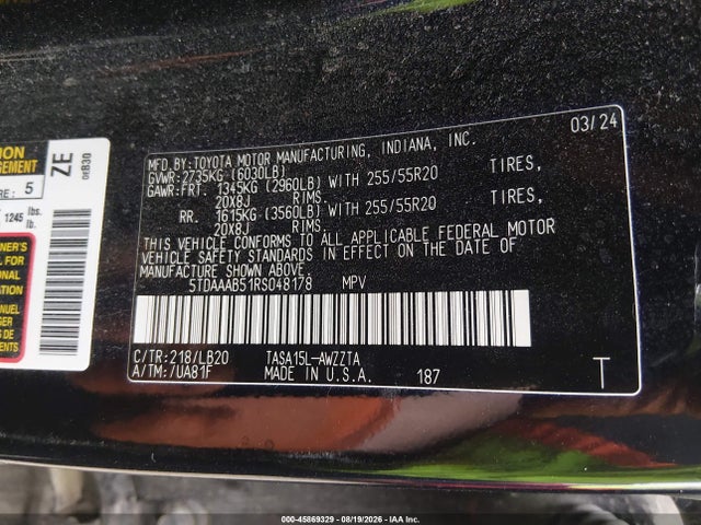 45869329 :رقم المزاد ، 5TDAAAB51RS048178 vin ، 2024 Toyota Grand Highlander Platinum مزاد بيع