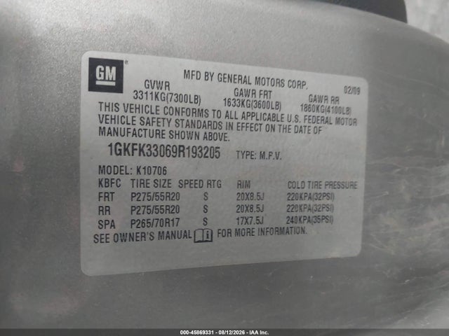 2009 Gmc Yukon Slt W/4sa მანქანა იყიდება აუქციონზე, vin: 1GKFK33069R193205, აუქციონის ნომერი: 45869331