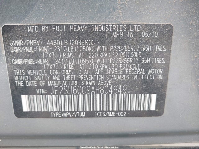 Продаж на аукціоні авто 2010 Subaru Forester 2.5x Premium, vin: JF2SH6CC9AH804649, номер лоту: 45869344