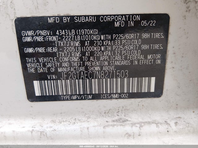 Продажа на аукционе авто 2022 Subaru Crosstrek Premium, vin: JF2GTAEC7N8271503, номер лота: 45869345