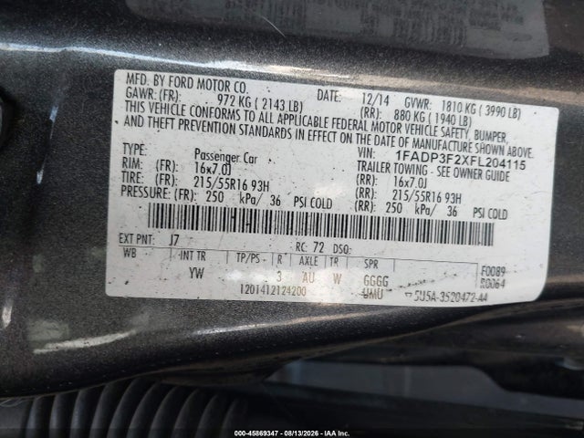 Ford FOCUS SE 2015 1FADP3F2XFL204115 Image 9