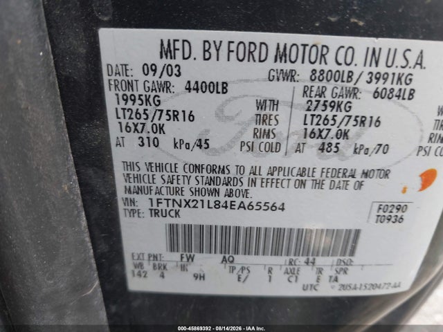 2004 Ford F-250 Lariat/xl/xlt მანქანა იყიდება აუქციონზე, vin: 1FTNX21L84EA65564, აუქციონის ნომერი: 45869392