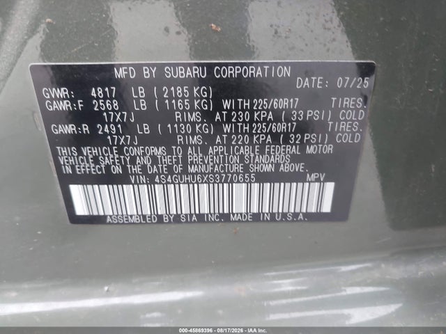 45869396 :رقم المزاد ، 4S4GUHU6XS3770655 vin ، 2025 Subaru Crosstrek Wilderness مزاد بيع