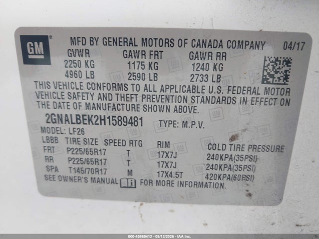 45869412 :رقم المزاد ، 2GNALBEK2H1589481 vin ، 2017 Chevrolet Equinox Ls مزاد بيع