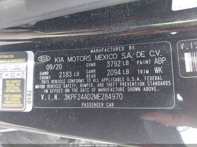 2021 Kia Forte Lxs მანქანა იყიდება აუქციონზე, vin: 3KPF24AD2ME284970, აუქციონის ნომერი: 45869419