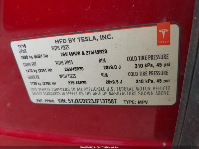 Продаж на аукціоні авто 2018 Tesla Model X 100d/75d/p100d, vin: 5YJXCDE23JF137587, номер лоту: 45869429