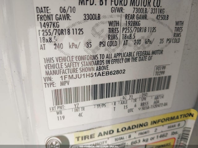 Aukcja sprzedaży 2010 Ford Expedition Eddie Bauer/king Ranch, vin: 1FMJU1H51AEB62802, numer aukcji: 45869434