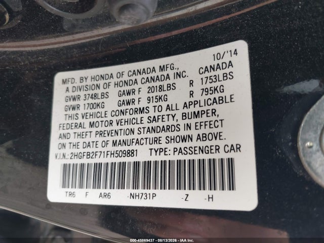 Aukcja sprzedaży 2015 Honda Civic Se, vin: 2HGFB2F71FH509881, numer aukcji: 45869437