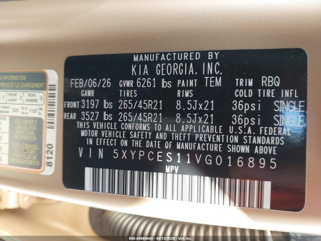45869440 :رقم المزاد ، 5XYPCES11VG016895 vin ، 2027 Kia Telluride X-line Ex مزاد بيع
