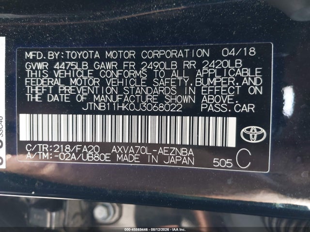 Toyota CAMRY LE 2018 JTNB11HK0J3068022 Image 9