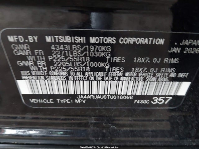 2026 Mitsubishi Outlander Sport 2.0 Es/2.0 Le/2.0 Ralliart/2.0 S/2.0 Se/2.0 Trail Edition მანქანა იყიდება აუქციონზე, vin: JA4ARUAU6TU016066, აუქციონის ნომერი: 45869476