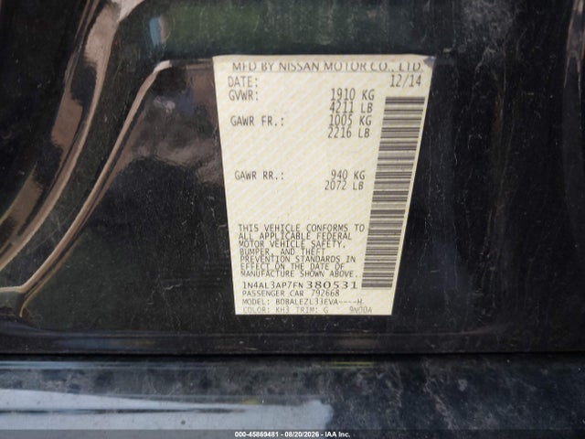 Продаж на аукціоні авто 2015 Nissan Altima 2.5 S, vin: 1N4AL3AP7FN380531, номер лоту: 45869481