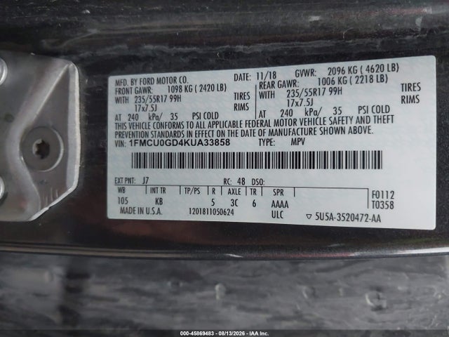 Продажа на аукционе авто 2019 Ford Escape Se, vin: 1FMCU0GD4KUA33858, номер лота: 45869483