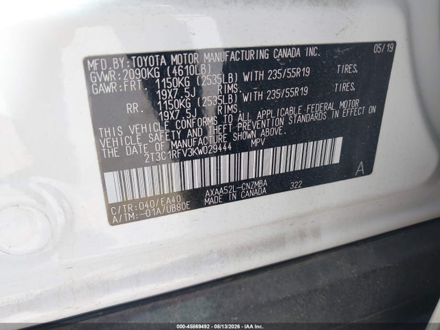 2019 Toyota Rav4 Xle Premium მანქანა იყიდება აუქციონზე, vin: 2T3C1RFV3KW029444, აუქციონის ნომერი: 45869492