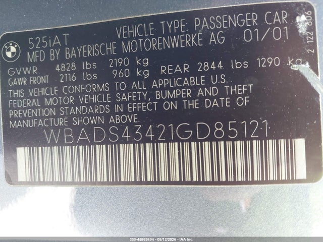 Продаж на аукціоні авто 2001 Bmw 525ia, vin: WBADS43421GD85121, номер лоту: 45869494
