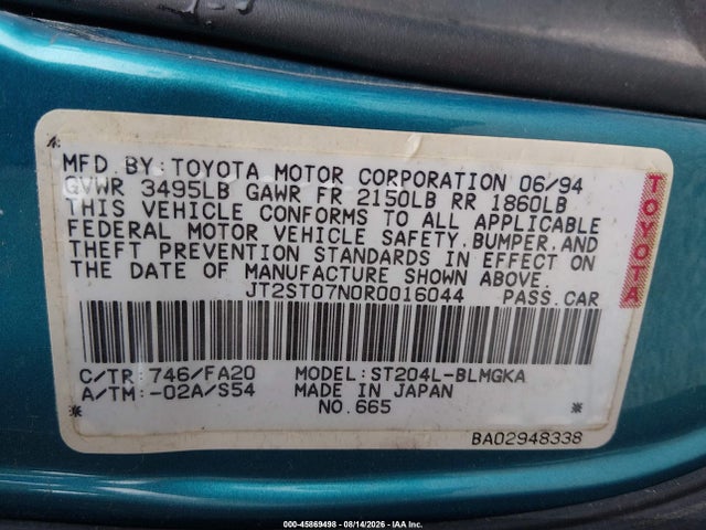Aukcja sprzedaży 1994 Toyota Celica Gt, vin: JT2ST07N0R0016044, numer aukcji: 45869498