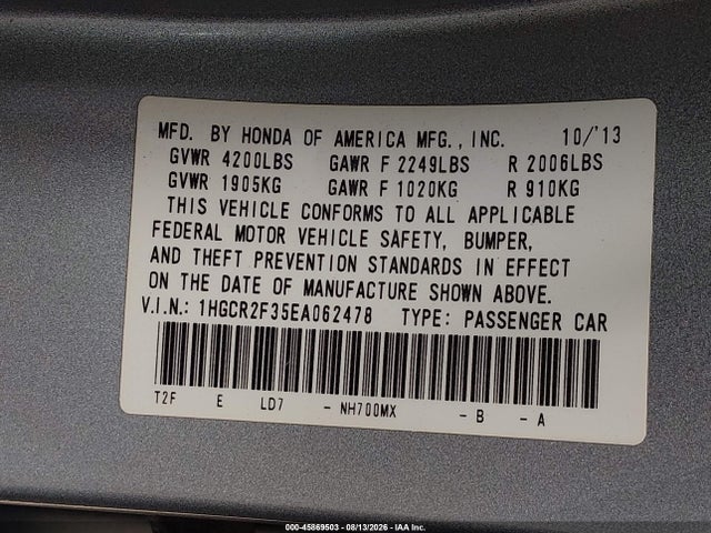 Honda ACCORD LX 2014 1HGCR2F35EA062478 Image 9