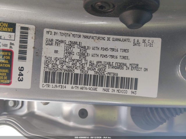 Продажа на аукционе авто 2022 Toyota Tacoma Sr, vin: 3TYAX5GN7NT040065, номер лота: 45869514