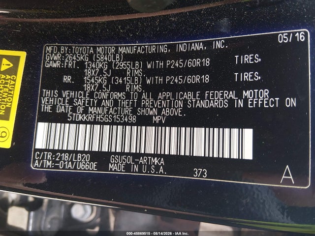 45869515 :رقم المزاد ، 5TDKKRFH5GS153498 vin ، 2016 Toyota Highlander Xle V6 مزاد بيع