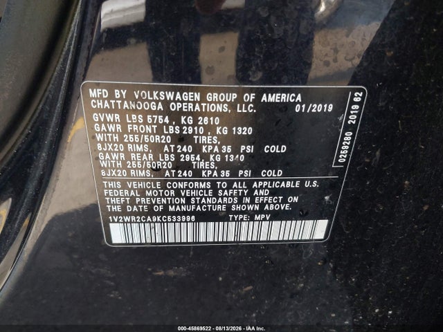 Auction sale of the 2019 Volkswagen Atlas 3.6l V6 Se W/technology, vin: 1V2WR2CA9KC533996, lot number: 45869522
