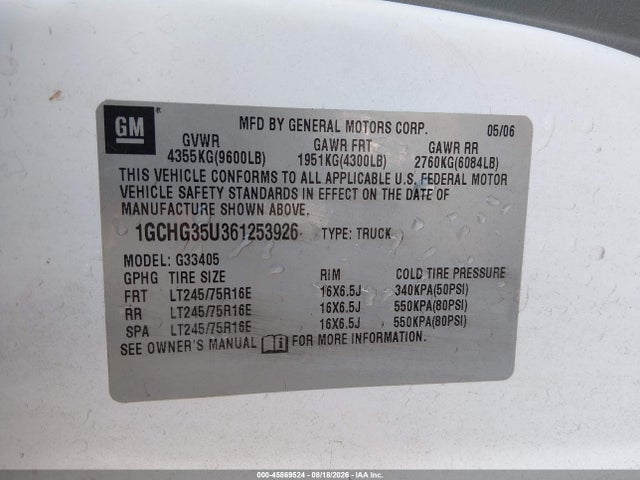 2006 Chevrolet Express Y3h Paratransit მანქანა იყიდება აუქციონზე, vin: 1GCHG35U361253926, აუქციონის ნომერი: 45869524