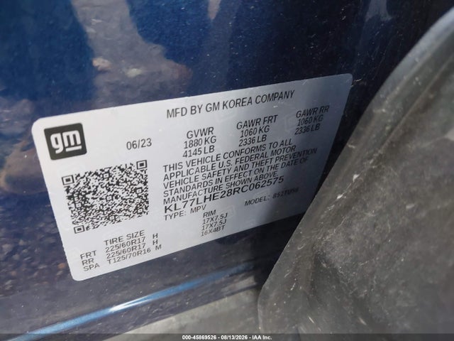 45869526 :رقم المزاد ، KL77LHE28RC062575 vin ، 2024 Chevrolet Trax Fwd Lt مزاد بيع