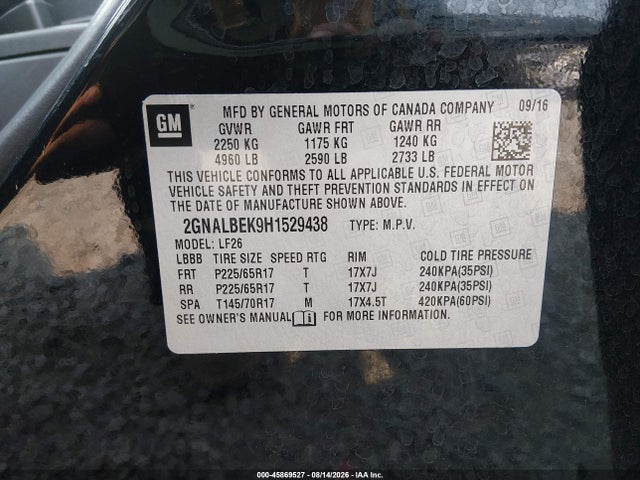 Aukcja sprzedaży 2017 Chevrolet Equinox Ls, vin: 2GNALBEK9H1529438, numer aukcji: 45869527