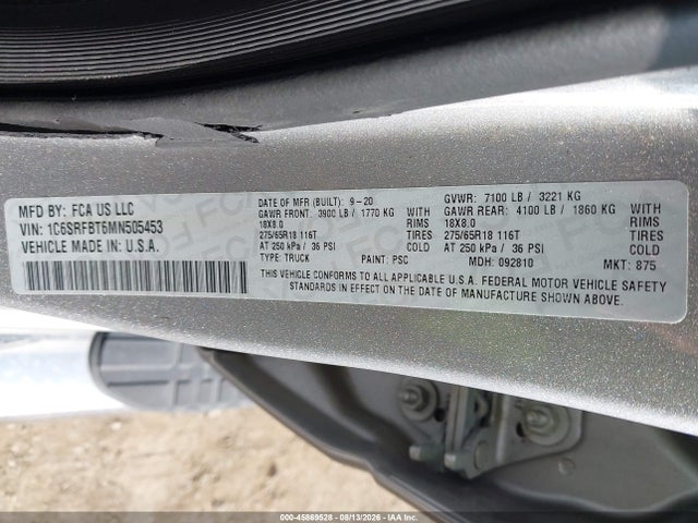 45869528 :رقم المزاد ، 1C6SRFBT6MN505453 vin ، 2021 Ram 1500 Big Horn  4x4 6'4 Box مزاد بيع