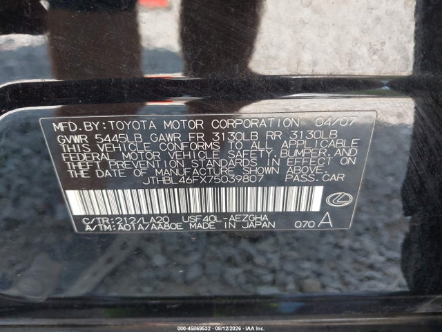 45869532 :رقم المزاد ، JTHBL46FX75039807 vin ، 2007 Lexus Ls 460 مزاد بيع