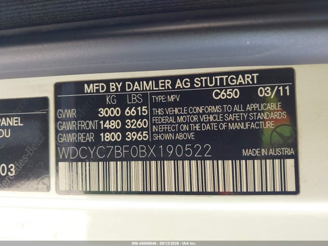 45869546 :رقم المزاد ، WDCYC7BF0BX190522 vin ، 2011 Mercedes-benz G 55 Amg 4matic مزاد بيع