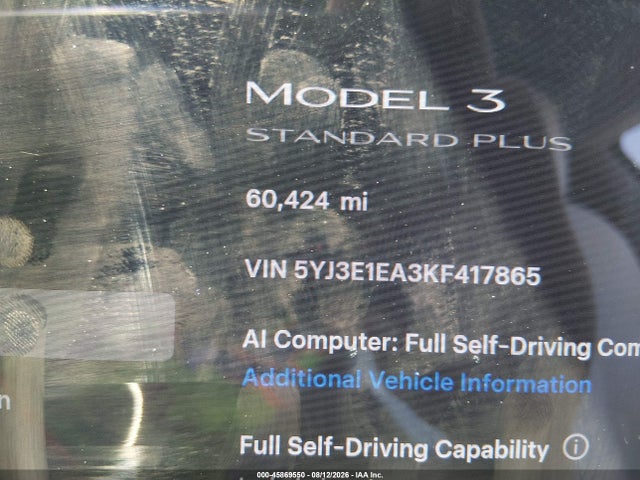 45869550 :رقم المزاد ، 5YJ3E1EA3KF417865 vin ، 2019 Tesla Model 3 Long Range/mid Range/standard Range/standard Range Plus مزاد بيع