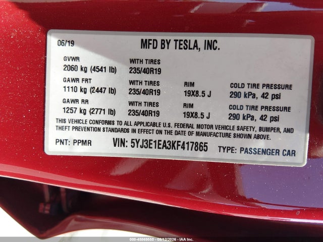 45869550 :رقم المزاد ، 5YJ3E1EA3KF417865 vin ، 2019 Tesla Model 3 Long Range/mid Range/standard Range/standard Range Plus مزاد بيع