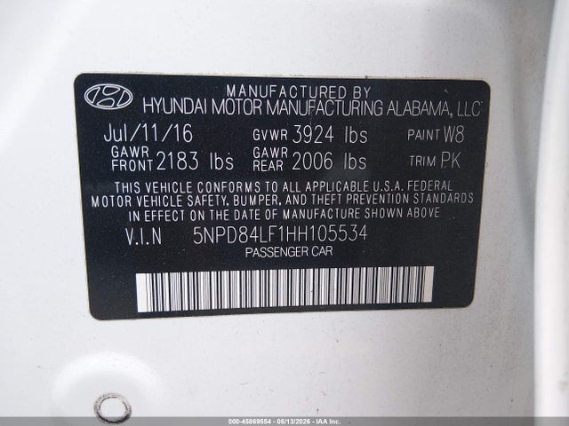 Продаж на аукціоні авто 2017 Hyundai Elantra Se, vin: 5NPD84LF1HH105534, номер лоту: 45869554
