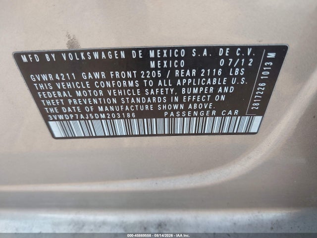 Продажа на аукционе авто 2013 Volkswagen Jetta 2.5l Se, vin: 3VWDP7AJ5DM203186, номер лота: 45869558
